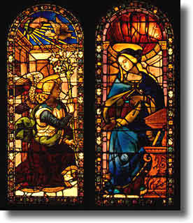 Stained-glass window showing Mary and the Angel Gabriel