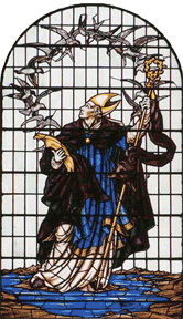 Stained glass showing Cuthbert encircled by seagulls
