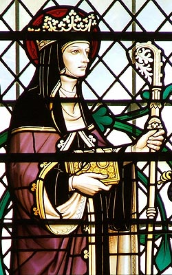 Stained glass window depicting Hilda of Whitby